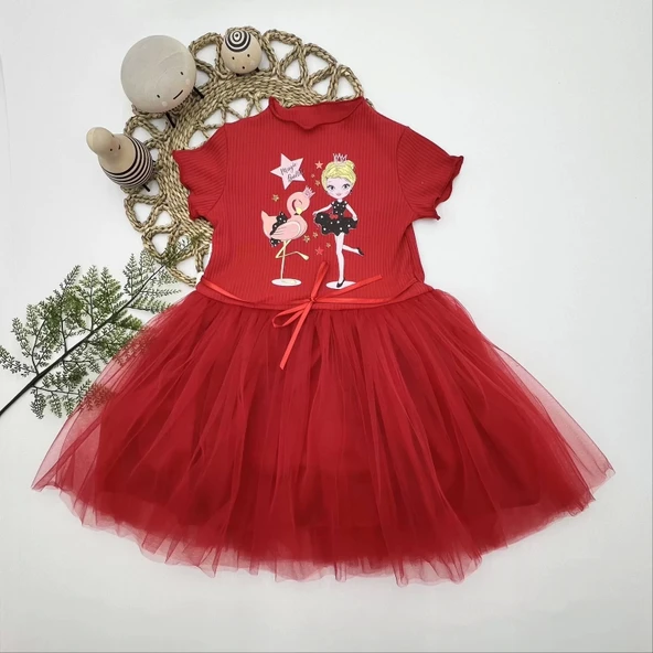 5-6-7 Yaş Flamingo Balerin Kız Baskılı Kurdela Kuşaklı Astarlı Kız Çocuk Tütü Elbise Kırmızı