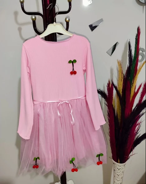 5-6-7 Yaş Kiraz Desenli Kurdela Kuşaklı Astarlı Uzun Kollu Kız Çocuk Tütü Elbise Pembe - 5