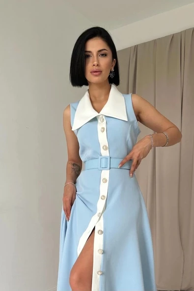 Bebe Mavi Geniş Yakalı Halter Kollu Elbise - 2
