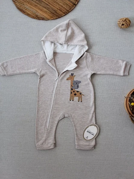 6-9 9-12 Ay Ef Çizgi Boy Fermuarlı Zürafa Nakışlı Kapşonlu Kız Erkek Bebek Tulumu Kahvemelanj - 2