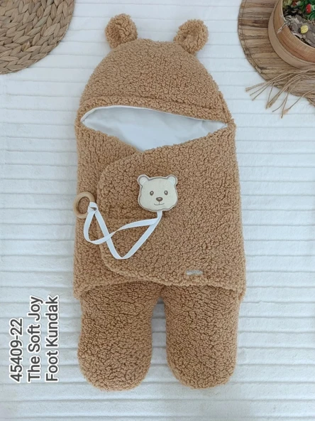 Yenidoğan Kulaklı Şapkalı Açılır Kucaklı Cırt Kapamalı Ayaklı Bebek Battaniyesi Kundak Kahverengi