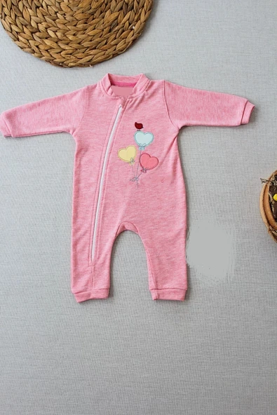 3-6 18-24 24-36 Ay Uçan Balonlar Nakışlı Ef Boy Fermuarlı Kız Bebek Tulumu Pembe - 2