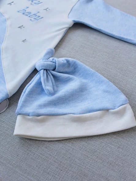 0-3 3-6 Ay Lucky Baby Nakışlı Es Çizgi Boy Şapkalı Erkek Bebek Tulumu Mavi - Resim 4