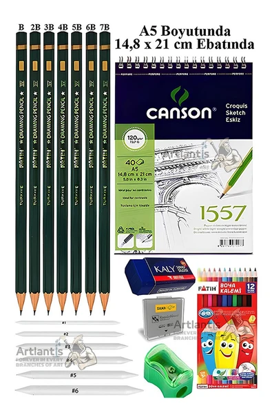 Canson Eskiz Defteri A5 40 Yaprak Fatih Dereceli Kalem 12 Renk Kuru Boya Sketch Karakalem 6 lı Gölgelendirme Hamur Silgi