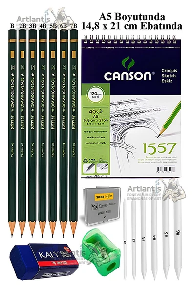 Canson Eskiz Defteri A5 40 Yaprak Fatih Dereceli Kalem Sketch Karakalem 6 lı Gölgelendirme Hamur Silgi Kalemtraş