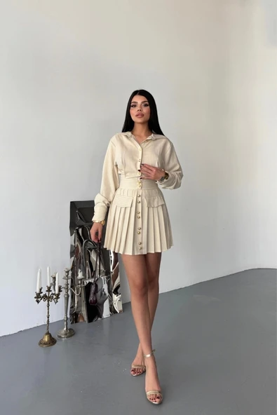 ÖNDEN GOLD DÜĞMELİ PİLELİ KISA ELBİSE - Bej - 2