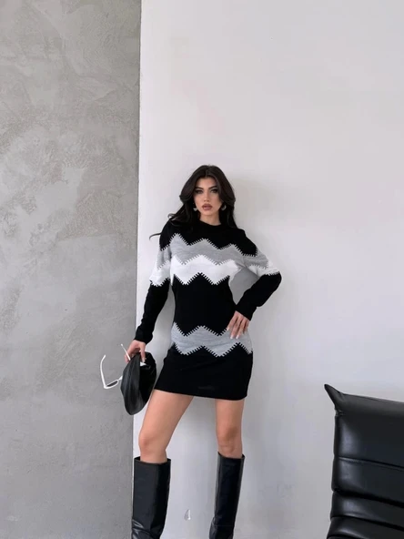 Kadın Uzun Kollu Zigzag Desen Triko Elbise - 4