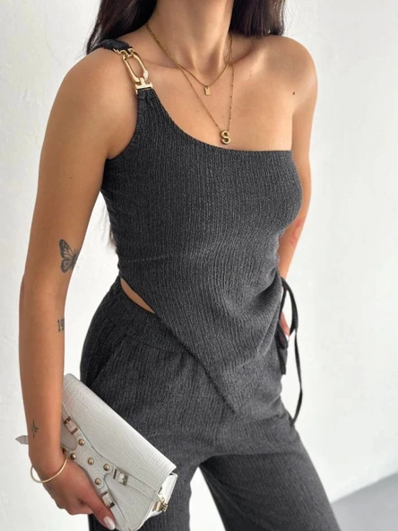 Asimetrik Crop Pantalon Ikili Takım - Füme - 3