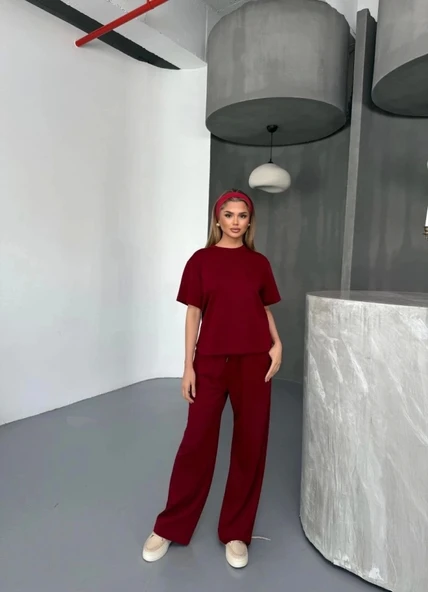 Osy Modal Yumuşak Dokulu Kumaş   Kısa Kollu Bluz Rahat Pantalon Ikili Takım- Bordo - 4