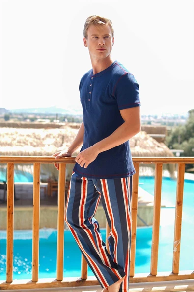 Jiber Erkek Lacivert Çizgili Düğmeli Yaka Kısa Kol Pijama Takımı 15014 -  1 Adet  M Lacivert - Resim 2