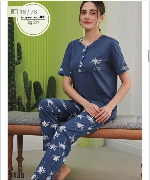 Miss Klein Kadın Büyük Beden Düğme Yaka Pamuklu Likralı Kısa Kol Pijama Takımı 1135 - 1 Adet  İndigo 2XL - Resim 2