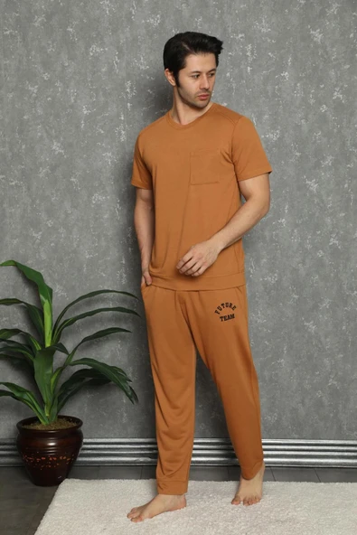 İbiza Senfoni Erkek Bisiklet Yaka Kısa Kol Kahverengi Pijama Takımı 5849 -  1 Adet  XL Kahverengi ürün görseli 1