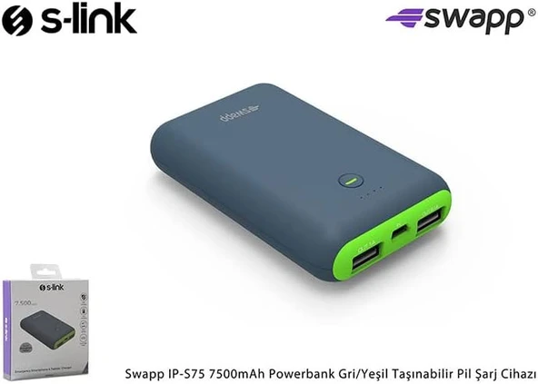 S-Link IP-S75 7500mAh Powerbank Gri/Yeşil Taşınabilir Pil Şarj Cihazı - 2