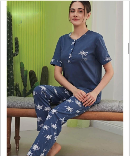 Miss Klein Kadın Büyük Beden Düğme Yaka Pamuklu Likralı Kısa Kol Pijama Takımı 1135 - 1 Adet  XL İndigo