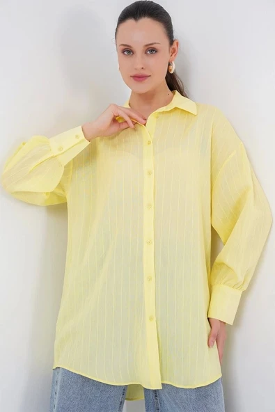 Çizgili Uzun Gömlek Tunik 5963 - Sarı - 4