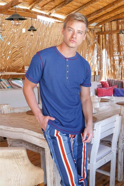 Jiber Erkek Lacivert Çizgili Düğmeli Yaka Kısa Kol Pijama Takımı 15014 -  1 Adet  M Lacivert ürün görseli 1