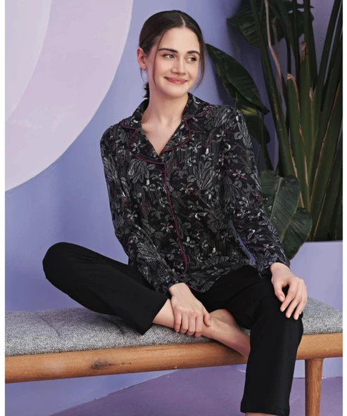 Miss Klein Kadın Büyük Beden Gömlek Yaka Pamuklu Likralı Uzun Kol Pijama Takımı 1140 - 1 Adet  Siyah 2XL - 2