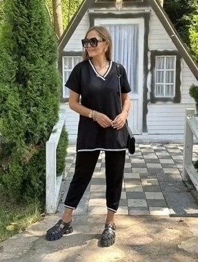 Kadın Kısa Kollu V Yakalı Iki Iplik Bluz Ve Pantolon Ikili Takım - 2