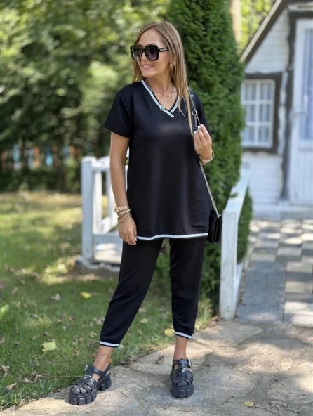 Kadın Kısa Kollu V Yakalı Iki Iplik Bluz Ve Pantolon Ikili Takım - 4
