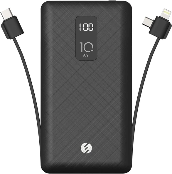 S-link IP-T100C 10000mAh Lightning+Micro+Type C Kablolu Powerbank Siyah LCD'li Taşınabilir Pil Şarj Cihazı - Resim 2