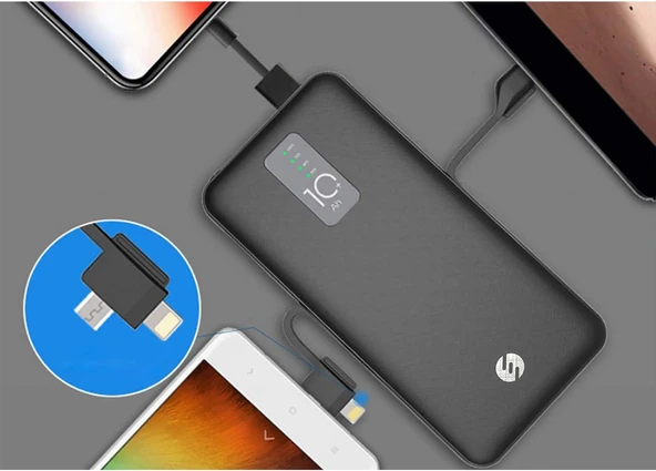 S-link IP-T100C 10000mAh Lightning+Micro+Type C Kablolu Powerbank Siyah LCD'li Taşınabilir Pil Şarj Cihazı - Resim 3