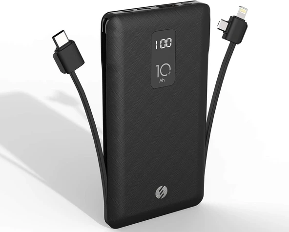 S-link IP-T100C 10000mAh Lightning+Micro+Type C Kablolu Powerbank Siyah LCD'li Taşınabilir Pil Şarj Cihazı ürün görseli