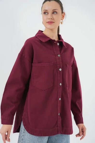20192 Oversize Gabardin Gömlek Ceket - Bordo - 3