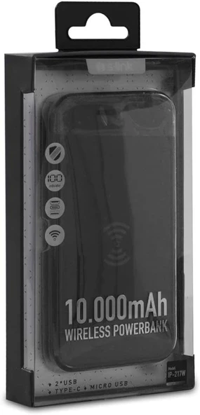 S-link IP-217W 10000mAh Powerbank 2 Usb Port Siyah Kablosuz LCD Ekranlı Taşınabilir Pil Şarj Cihazı - Resim 3