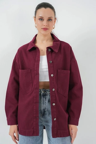 20192 Oversize Gabardin Gömlek Ceket - Bordo - 4