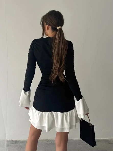 Fırfır Detaylı Drapeli Mini Elbise - 3