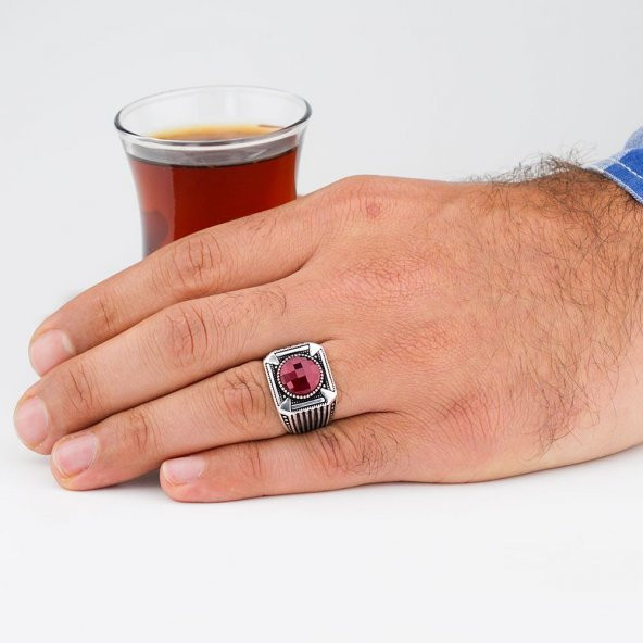 Yuvarlak Kırmızı Zirkon Taşlı 925 Ayar Gümüş Erkek Yüzük - Resim 2