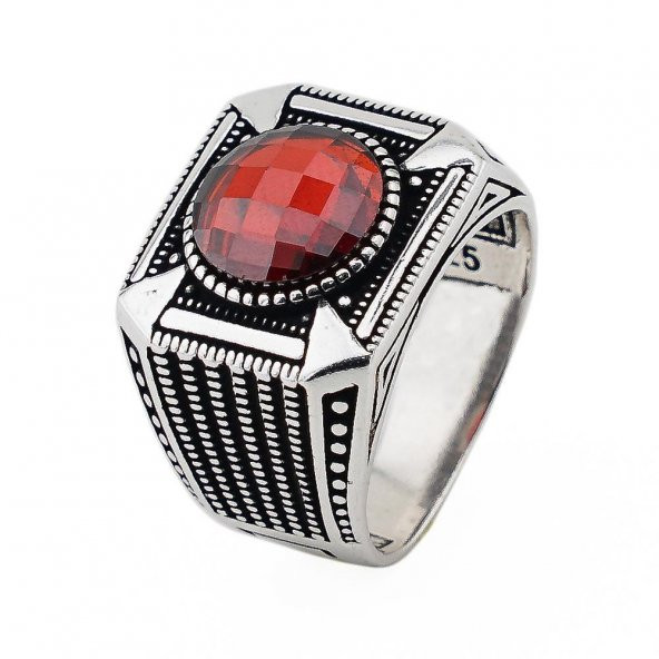 Yuvarlak Kırmızı Zirkon Taşlı 925 Ayar Gümüş Erkek Yüzük - Resim 3