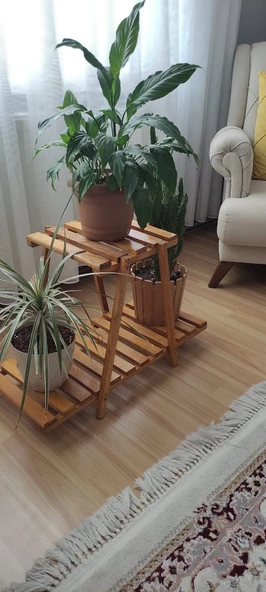 Kayın ahşap çiçeklik raf 2 katlı - 11