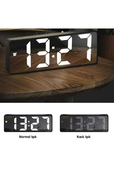 Aynalı Alarm Saat Takvimli Termometre Led Dijital Modern Masa Saati - 4