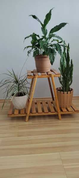 Kayın ahşap çiçeklik raf 2 katlı - 8