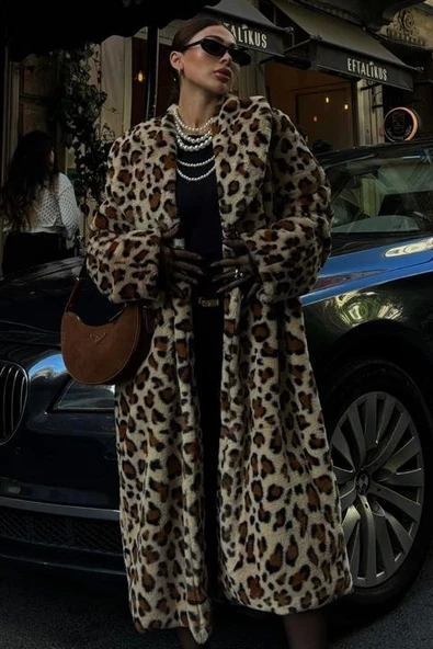 Leopar Desenli İçi Astarlı Peluş Kaban 7065 - 3