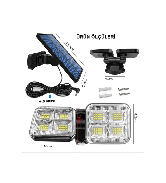 Plentiful Solar Lamba Güneş Enerjili Çift Başlı Sensörlü Su Geçirmez Garaj Bahçe Sokak - 2