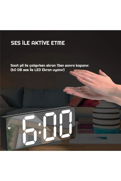 Aynalı Alarm Saat Takvimli Termometre Led Dijital Modern Masa Saati - 5