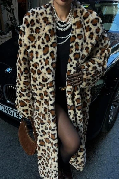 Leopar Desenli İçi Astarlı Peluş Kaban 7065 - 6
