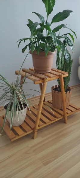 Kayın ahşap çiçeklik raf 2 katlı - 4