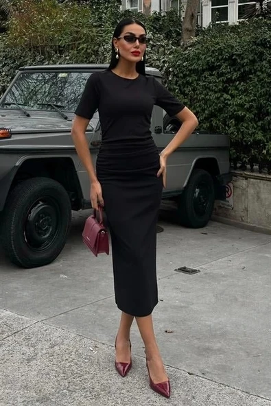 Beli Büzgülü Midi Elbise 2853