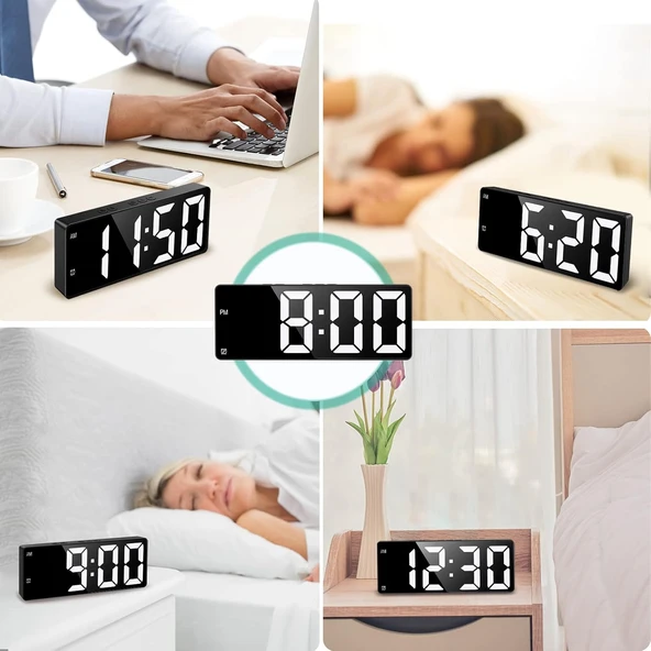 Aynalı Alarm Saat Takvimli Termometre Led Dijital Modern Masa Saati - 8