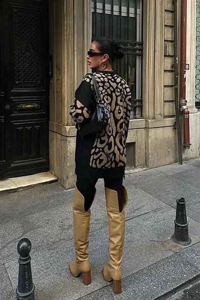 Leopar Desenli Yırtık Detaylı Kazak 1344