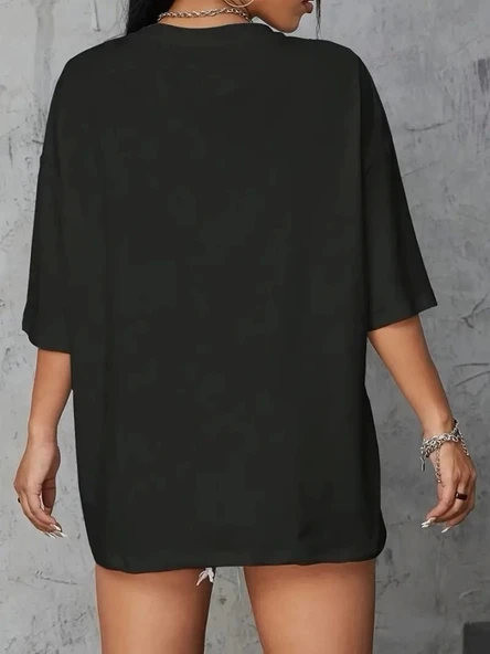 Baskılı Oversize Bisiklet Yaka T-shirt - Siyah - 4