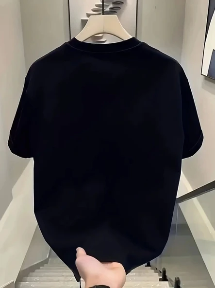 Baskılı Oversize Bisiklet Yaka T-shirt - Siyah - 2