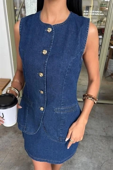 Kolsuz Yelekli Mini Etekli Denim Takım 10164 - 7