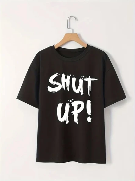 Baskılı Oversize Bisiklet Yaka T-shirt - Siyah