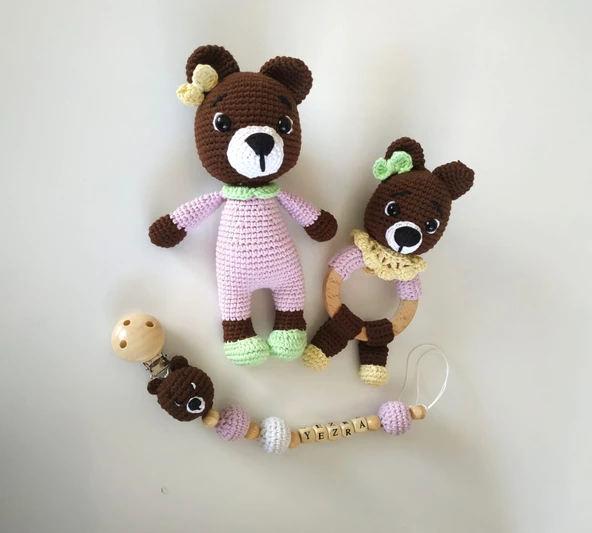 Pijamalı Ayıcık Kız Bebek Yenidoğan Set Amigurumi Organik Oyuncak - 1