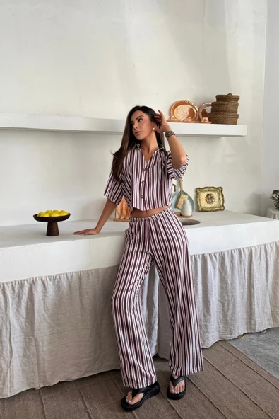 ÇİZGİLİ CROP GÖMLEK - SALAŞ PANTOLON TAKIM MODAL - Bordo