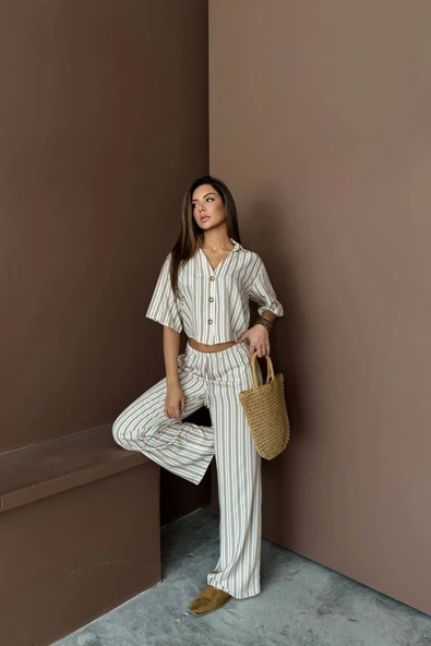 ÇİZGİLİ CROP GÖMLEK - SALAŞ PANTOLON TAKIM MODAL - Bej